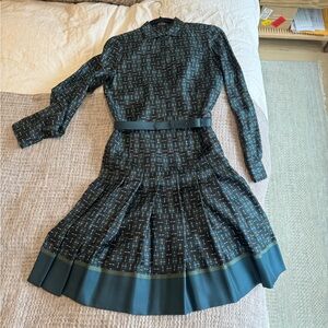 Loro Piana Dark Green Patterned Long-Sleeve Dress with Teal Border
